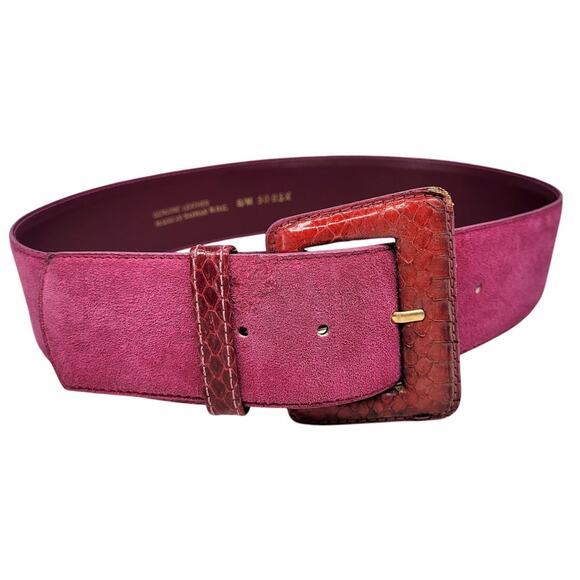 Vintage 80s Pink Suede Snakeskin Wide Belt Statement Retro Glam Accessory - Picture 1 of 6